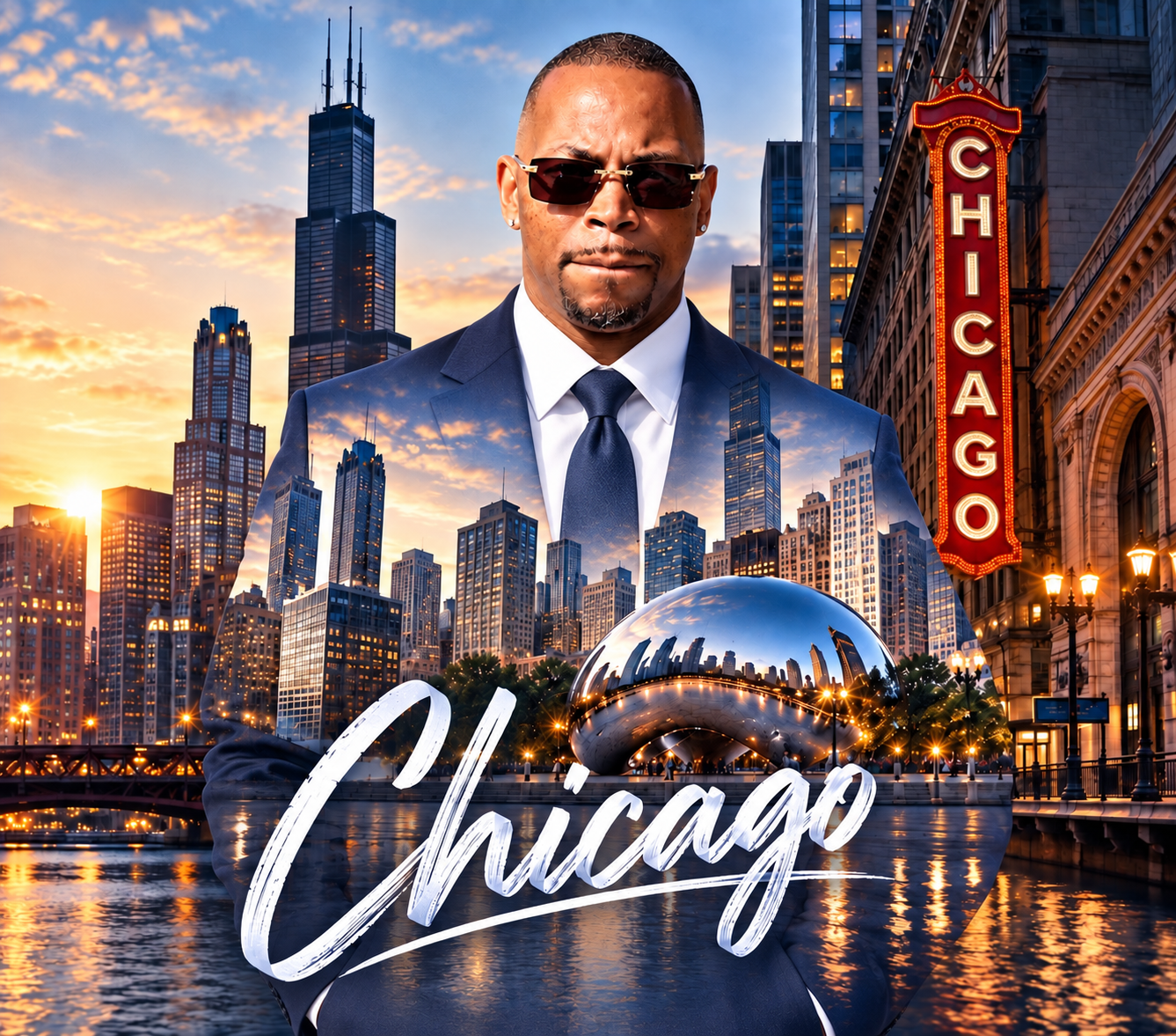 Ondray Pulley wearing a navy business suit in a double-exposure portrait with the Chicago skyline at sunset